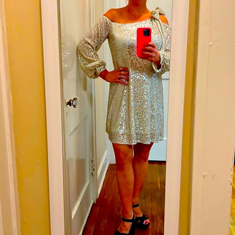 Sequin Long Sleeve Champagne Off the Shoulder Party Dress by CeCe Size M